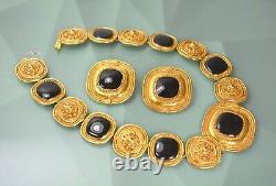Statement Gold Black Enamel Jewelry Set Collar Necklace Earrings Clip-On Vintage