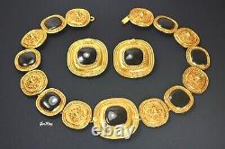 Statement Gold Black Enamel Jewelry Set Collar Necklace Earrings Clip-On Vintage
