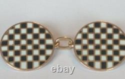 Stunning Antique Art Deco Solid 9ct Rose Gold Chequered Enamel Cuff Links
