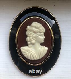 Stunning Vintage Gold Tone Enamel Celluloid Cameo Brooch Immaculate Condition