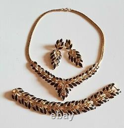 TRIFARI Black Enamel Gold-Tone Cascading Floral Bib Necklace Bracelet & Earrings