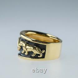 Three Jaguar Panther Animal Band Ring Size 6 in 18K Yellow Gold & Black Enamel