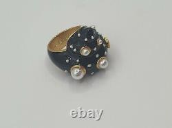 Tory Burch 18k Gold Plated Black Glazed Enamel Pearl Embellished Ring Size 7