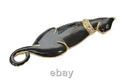 Trifari TM Vintage Black Enamel Clear Rhinestone Cat Brooch, Signed