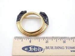 Uh1988 Vintage High End gold Gilt black Enamel Panther rhinestone round Brooch