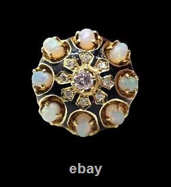 Unique Vintage 14K Yellow Gold Diamond & Fire Opal Black Enamel Ring 10+ Gr