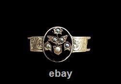 Unusual 1875 Antique Mourning Ring Victorian Black Enamel & Pearl Gold Jewelry