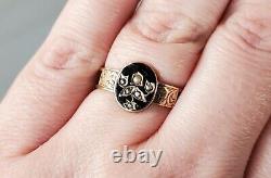 Unusual 1875 Antique Mourning Ring Victorian Black Enamel & Pearl Gold Jewelry