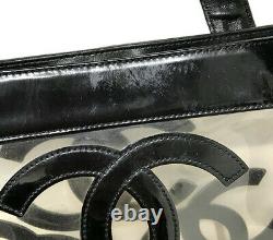 Used Chanel Triple Coco Mark Tote Bag Enamel Vinyl Black Clear Color Gold