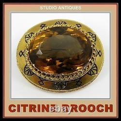VICTORIAN CITRINE BROOCH Antique GOLD FILLED Black Enamel 1867 DEATH 28 x 21mm