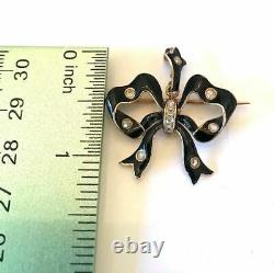 VICTORIAN ENAMEL BOW PEND/PIN WithDIAM, 7.1 G, 13 OLD DIAMONDS, TESTS18KT FRENCH