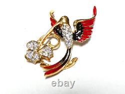 VINTAGE 1970's Attwood & Sawyer Gold Black/Red Enamel Crystal Hummingbird BROOCH