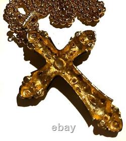 VINTAGE JEWELRY 1980s Jeweled Black Enamel on Gold Plated Cross Pendant Necklace