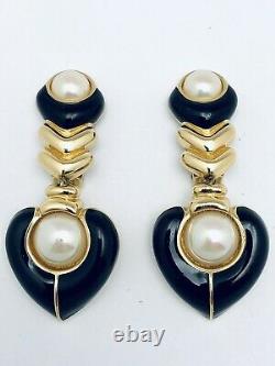 VTG Christian Dior Gold Black Enamel Pearl Clip Earrings Signed Mint