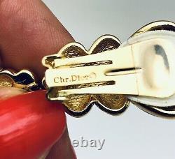 VTG Christian Dior Gold Black Enamel Pearl Clip Earrings Signed Mint