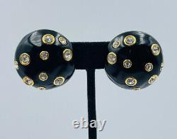 Valentino Vintage Gold Plated Black Lacquer Enamel Rhinestone Clip Earrings