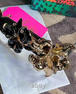 Versace Hm Gold Black Enamel Flower Crystal Leather Bracelet Bnwt Rare Designer