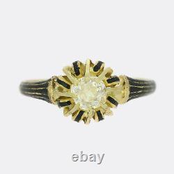 Victorian 0.40 Carat Old Cut Diamond & Black Enamel Solitaire Ring In 18ct Gold