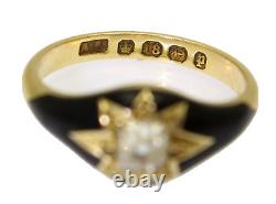 Victorian 0.75ct Diamond Black Enamel 18ct Yellow Gold Mourning Ring N 6 3/4