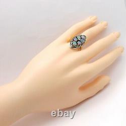 Victorian 14K Gold Fiery Blue Opal Diamond Black Enamel Navette Ring sz7