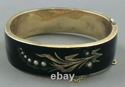 Victorian 14k Gold Black Enamel Mourning bracelet Lily Of The Valley Motif 26g