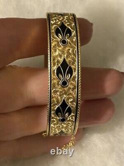 Victorian 14k Gold & Black Enamel Taille D'Epargne Bangle Bracelet Fleur de Lis