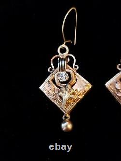 Victorian 14k Solid Gold Dangle Earrings Black Talle D Enamel Drop Ball Etruscan