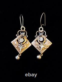 Victorian 14k Solid Gold Dangle Earrings Black Talle D Enamel Drop Ball Etruscan