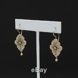 Victorian 14k Yellow Gold Seed Pearl And Black Enamel Drop Earrings #998b-9