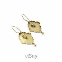 Victorian 14k Yellow Gold Seed Pearl And Black Enamel Drop Earrings #998b-9