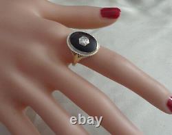 Victorian 14kt White Gold Black Enamel & Diamond Ring 8.5 Size