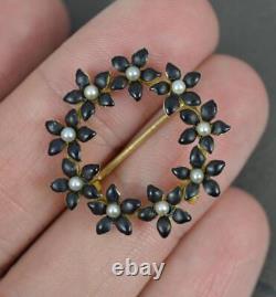 Victorian 15ct Gold Black Enamel and Seed Pearl Flower Mourning Brooch Pendant