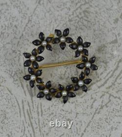 Victorian 15ct Gold Black Enamel and Seed Pearl Flower Mourning Brooch Pendant