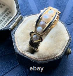 Victorian 15ct Yellow Gold Pearl 5 Stone Rose Cut Diamonds Black Enamel Ring