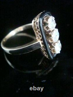 Victorian 18ct Yellow Gold Old Cut Diamond 1.20ct 3 Stone Black Enamel Ring