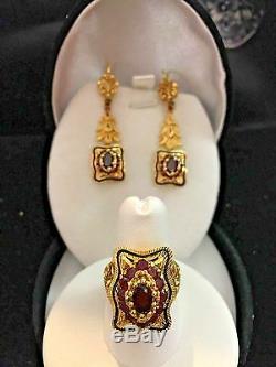 Victorian 18k Yellow Gold Black Enamel Garnet Filigree Earrings & Ring Set Rare