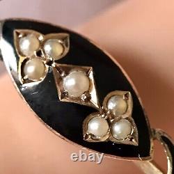 Victorian 9 Carat Gold Mourning Brooch With Black Enamel & Seed Pearl Decoration