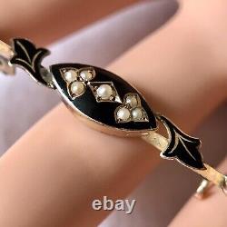 Victorian 9 Carat Gold Mourning Brooch With Black Enamel & Seed Pearl Decoration