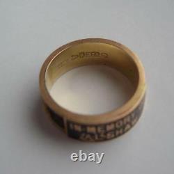 Victorian 9K Gold Chester 1889 Inscribed Black Enamel & Hair Mourning Ring Boxed
