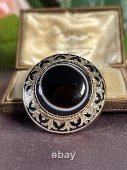 Victorian 9ct 9k Gold 375 Bullseye Agate Black Enamel Mourning Brooch Glass