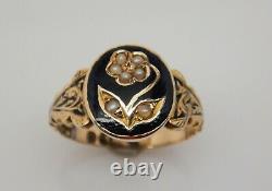 Victorian Black Enamel & Seed Pearl Forget Me Not Gold Ring 9ct