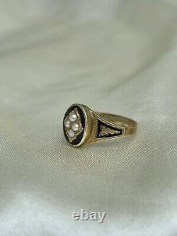 Victorian Black Enamel and Pearl 15ct Yellow Gold Mourning Ring