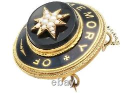 Victorian Black Onyx Enamel and Seed Pearl 20 ct Yellow Gold Mourning Brooch