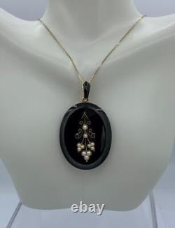 Victorian Black Onyx Gold Locket Necklace Flower Motif Pearl Circa 1860
