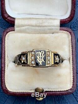 Victorian Blacks Enamel And Pearl Morning Ring 15ct Yellow Gold