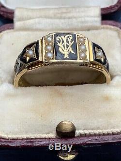 Victorian Blacks Enamel And Pearl Morning Ring 15ct Yellow Gold
