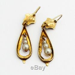 Victorian Dangle Pearl Earrings Black Enamel 14 K Gold