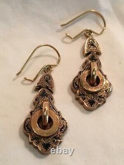 Victorian Earrings 12 Karat Gold Black Enamel Inlay, Excellent Condition