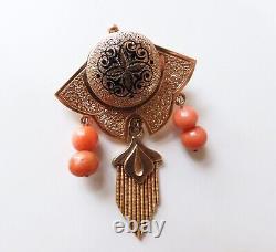 Victorian Enameled 14K Gold Salmon Coral Pendant Brooch With Fringed Drop