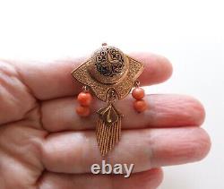 Victorian Enameled 14K Gold Salmon Coral Pendant Brooch With Fringed Drop